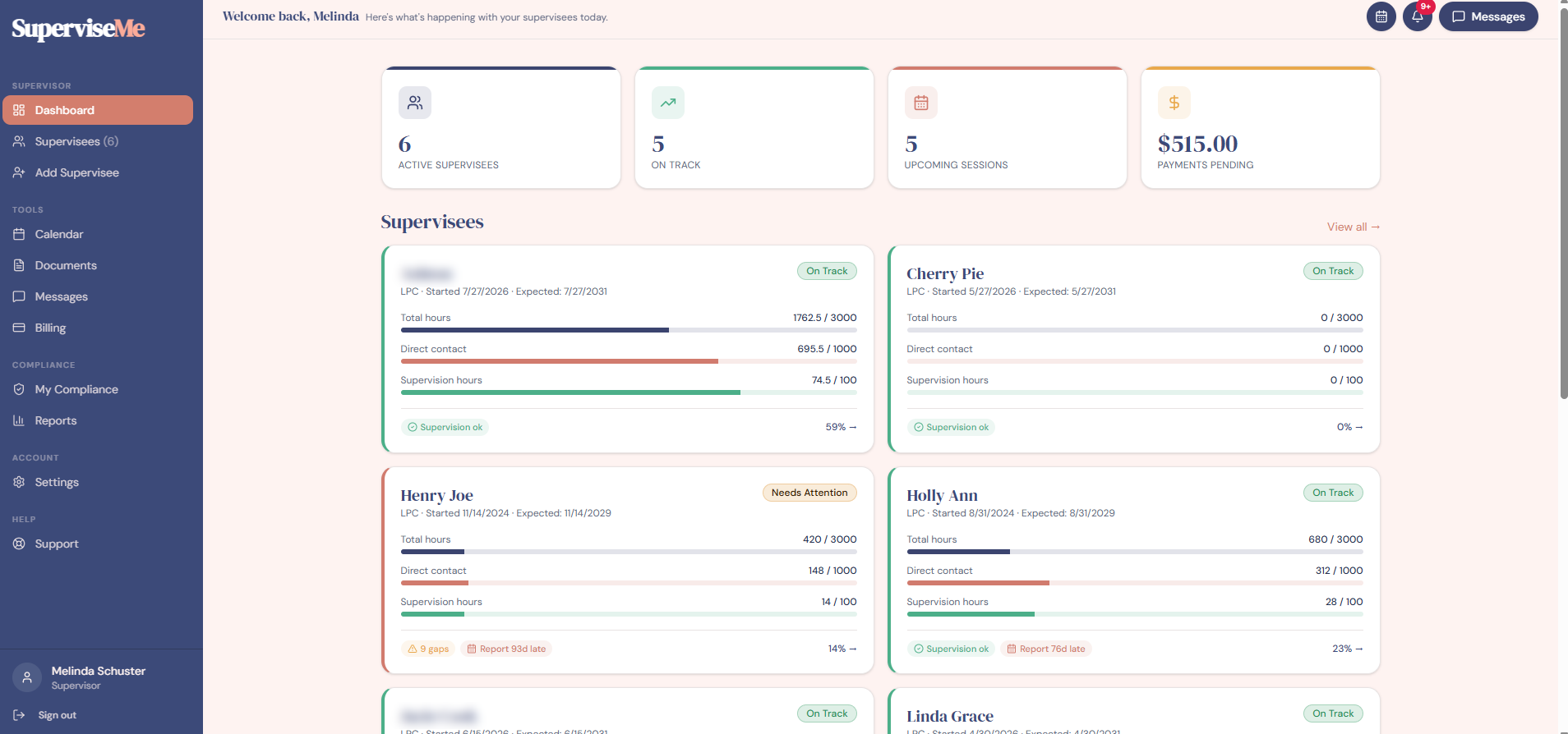 Supervisor dashboard showing active supervisee counts, upcoming sessions, pending payments, and per-candidate hours progress bars