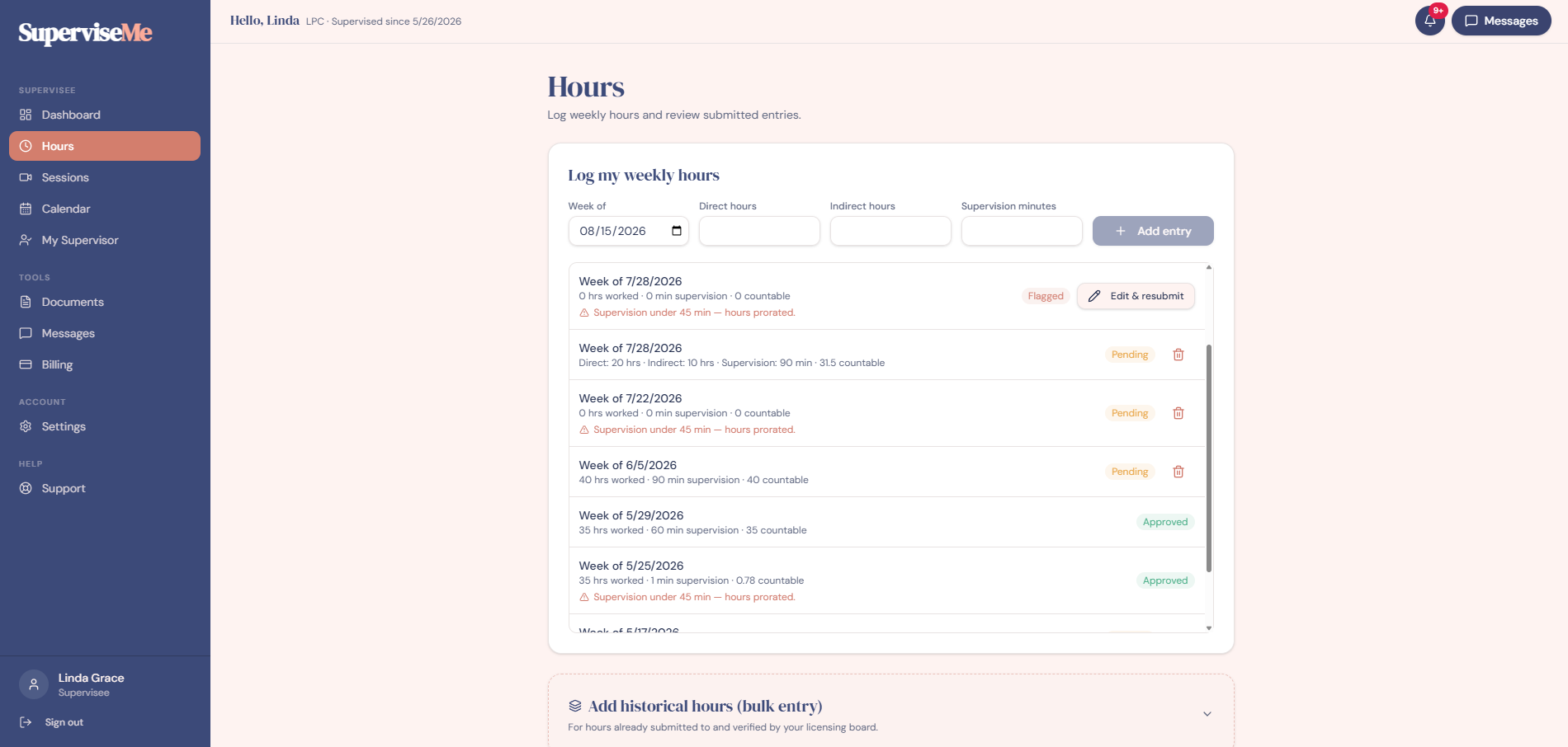 Supervisee hours page with a weekly logging form for direct, indirect, and supervision time, plus a list of past entries with approval status badges