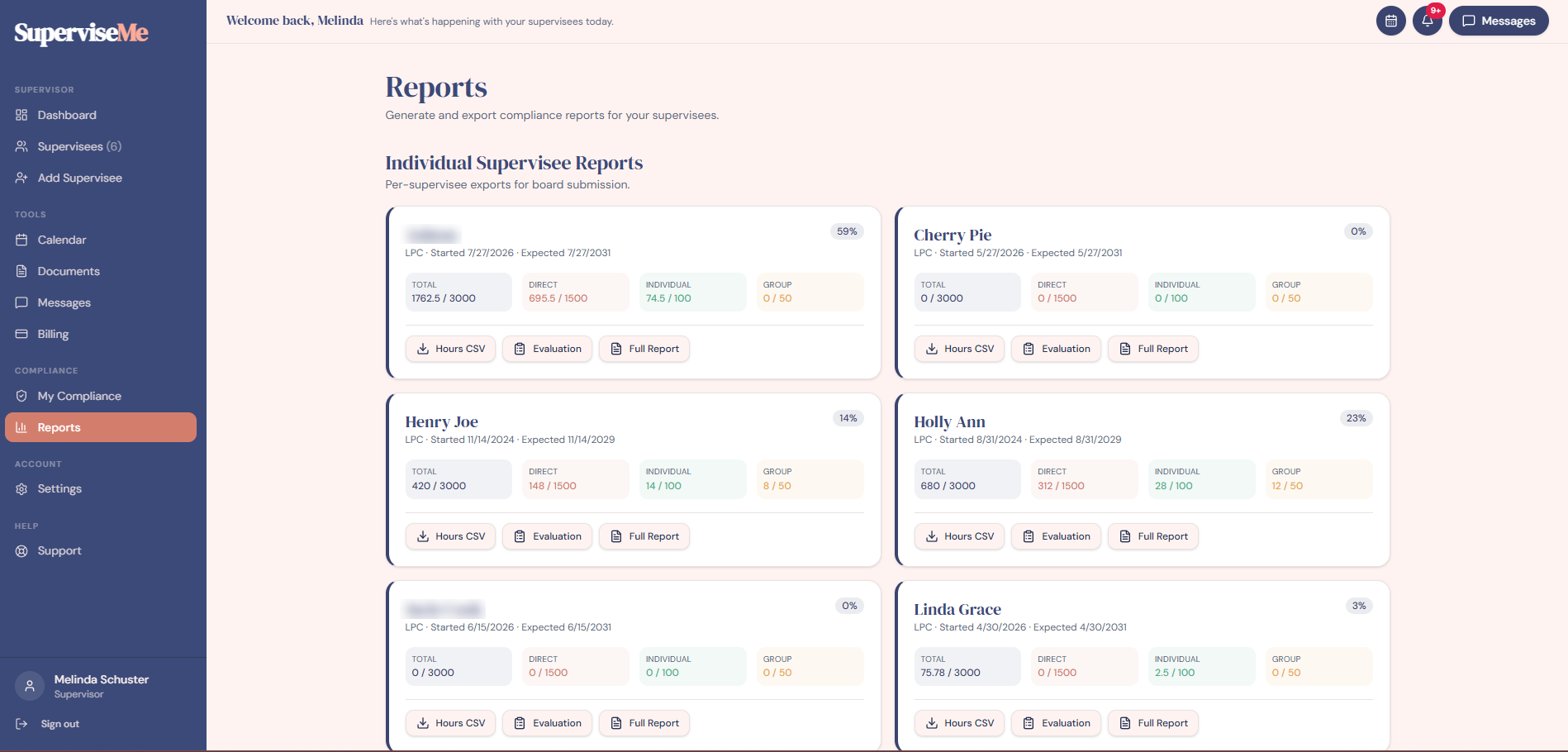 Individual supervisee reports page showing completion percentages and total, direct, individual, and group hour breakdowns with export actions